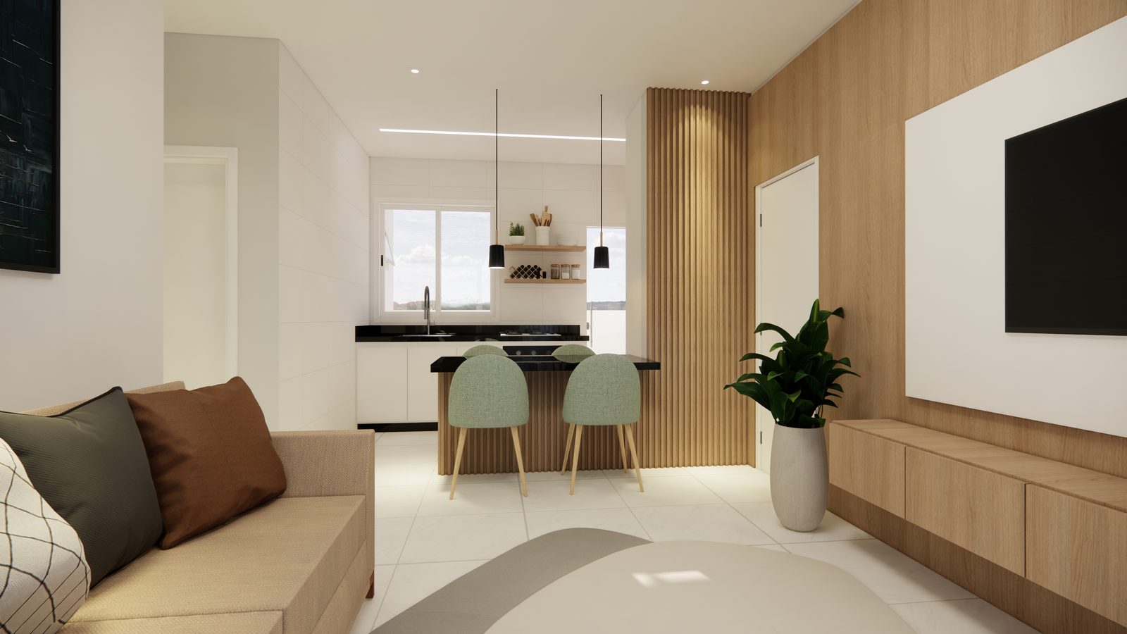 Sala integrada com cozinha